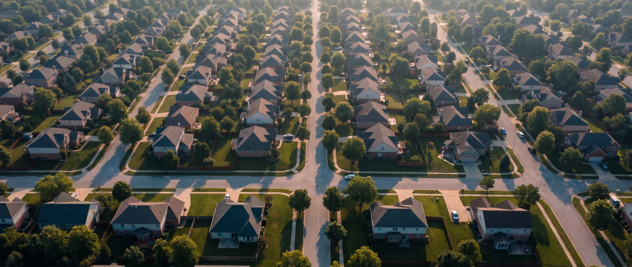 Aerial view of rows of American single-family homes in morning light
